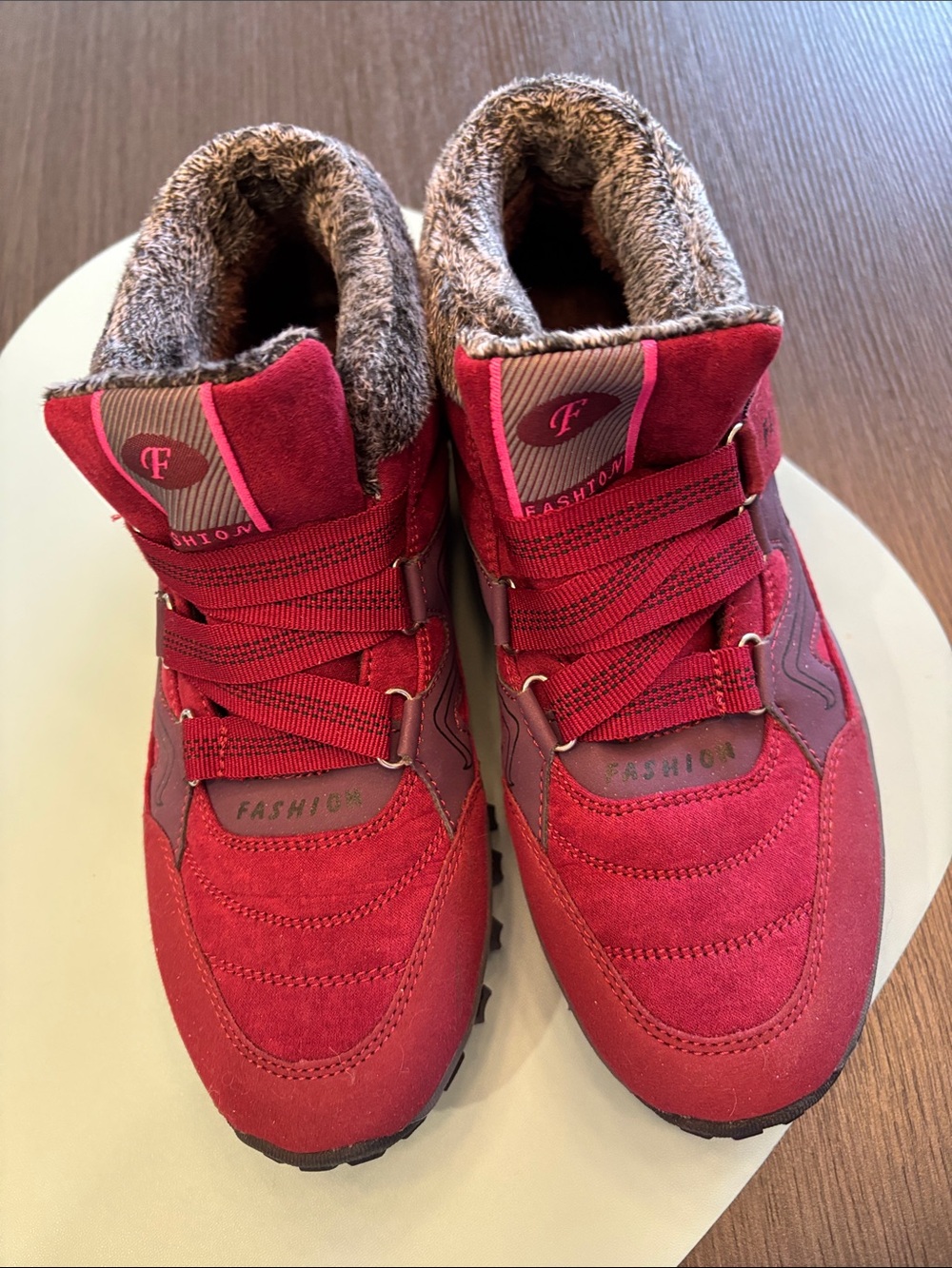 Kids Red Fashion High-Top Sneakers with Faux Fur Lining